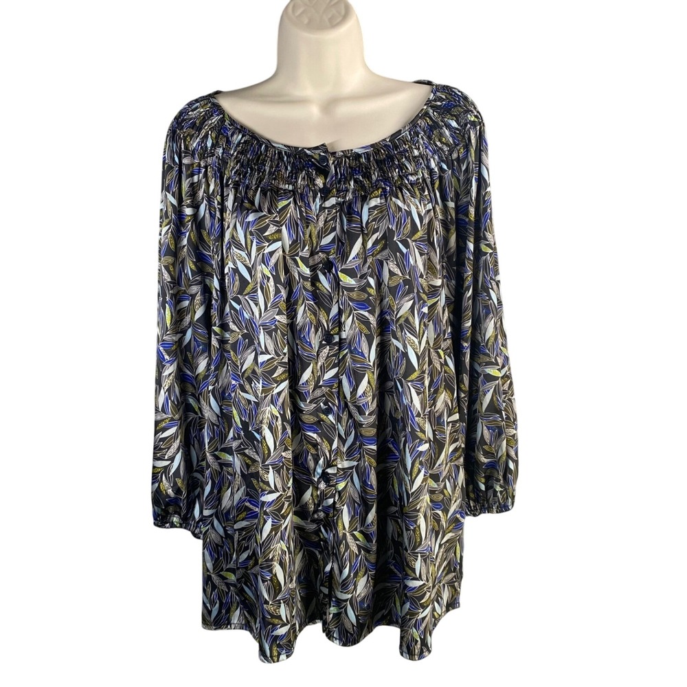 George Woman Floral Print Smocked Neck 3/4 Sleeve‎ Blouse Top 2X Boho Flowy